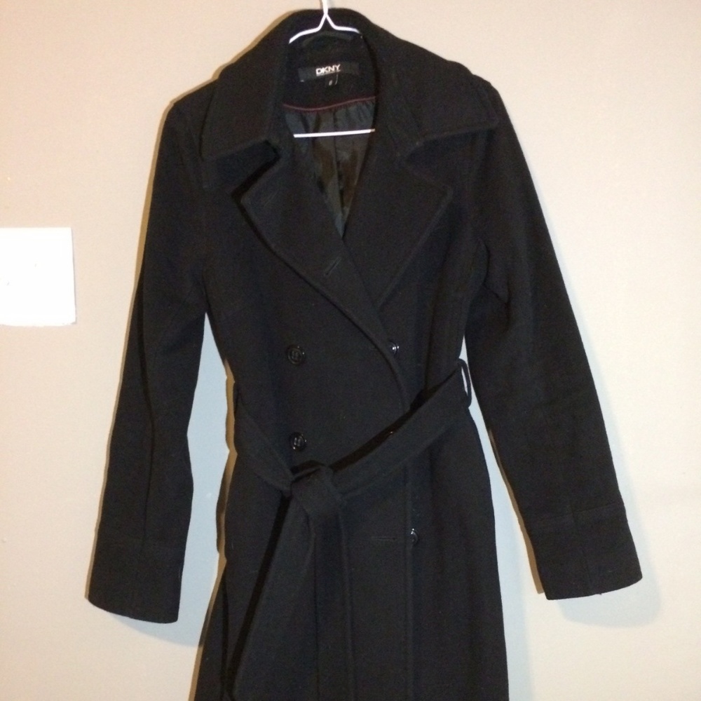 DKNY Black Tie Waist Wool/Cashmere Pea Coat